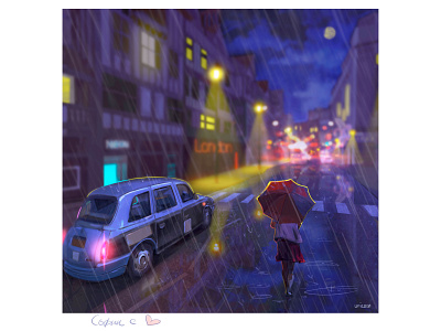 London Rain cab car character city girl illustration london night night city rain rainy road sadness umbrella urban way