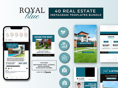 40 Royal Blue Real Estate Minimalist Instagram Post Templates.