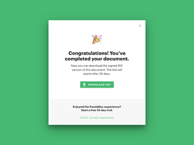 PandaDoc: Document complete dialog dialog document complete popup public view success