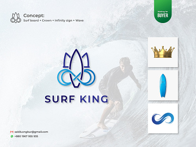 Line Art Surfing Logo branding crown design graphic design illustration infinity logo line art logo sakib ongkur studiotit surf logo surfing king logo vector water wave