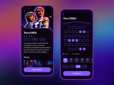 Movie Tickets Mobile App dark mode mobile mobile app movie app movie theater purple design ticket app tron ui visual design