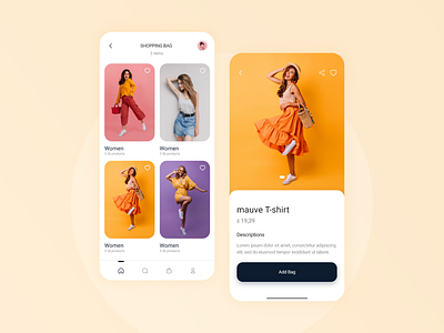 Clothes Store App android animation app appdesign branding cards cart color design ecommerce gradient graphic design illustration interaction ios mobile orange store ui women