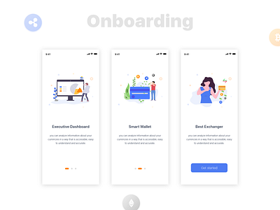 Crypto Currency Onboarding screens interaction app crypto currency exchanger illustration ios iphone mobile onboarding tutorial uiux walkthrough