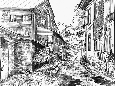 Sweet province background background illustration black and white illustration black and white style book illustration children book illustrator illustration ink painting landscape illustration traditional art