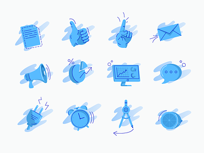 Marketing Icons analytics blue clock email fresh hand illustration line measure message plugin point thumbsup time