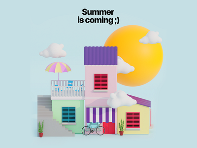 Summer is coming 3d blender blender3d cartoon clouds cute design holiday houses illustration pastel render sketch summer summertime sunshine village