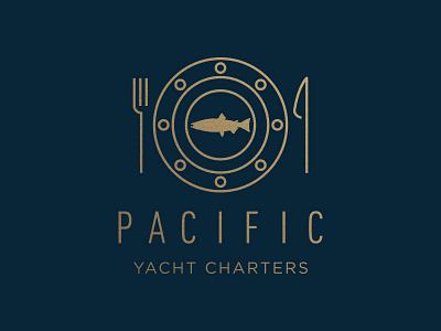 Pacific Yacht Charters Logo branding and identity branding design charters chefs food fork gold gourmet knives logo luxury plate salcmon vancouver yacht