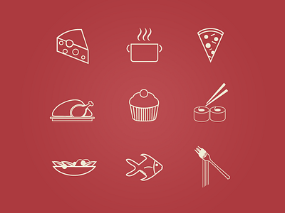 Food Icons cheese chicken dessert fish food icons outlines pizza salad seafood sushi vector