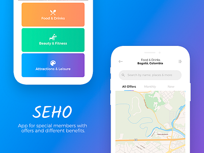 SEHO app categories clean colors design map menu ui ux