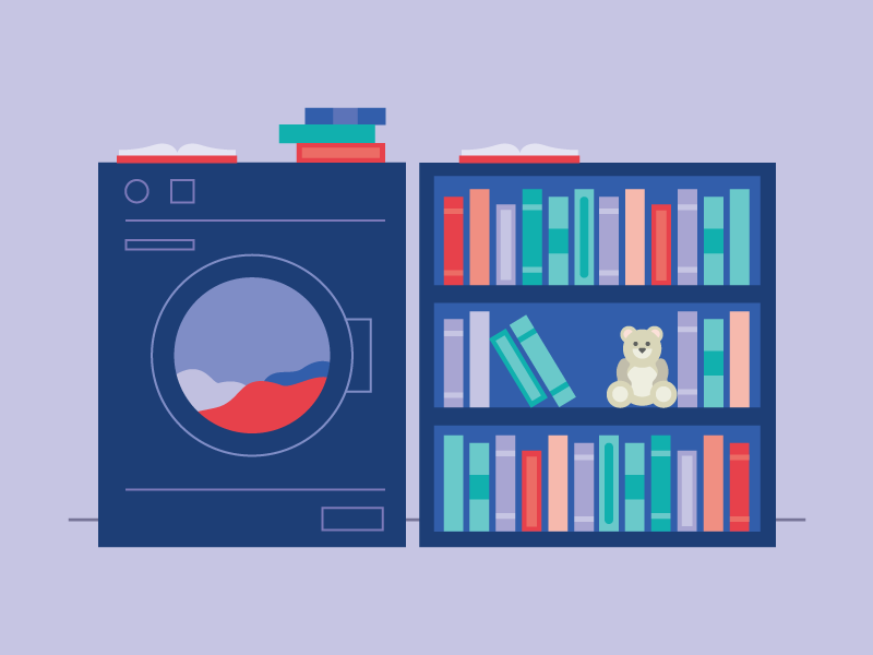 Laundromat Library librarians new york laundry teddybear books line art vector graphic design 2d illustration