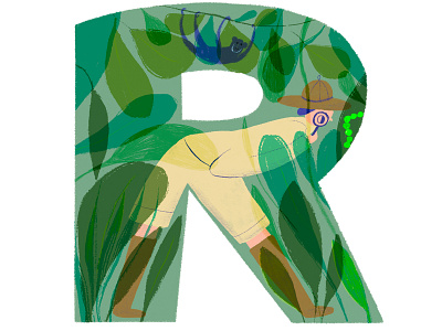 Letter R character design exploration explorer hat illustration jungle nature plant typo typography