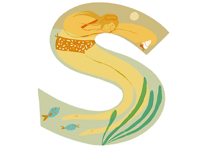 Letter S beach character children chill colorful fish illustration sand summer swim typo typography whimsical