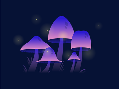 Mushrooms fireflies fungus gradient illustration pink purple