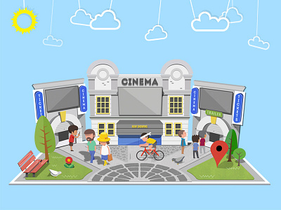 Cinema bicycle cinema cloud flat movie sun tree