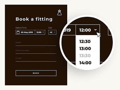 Book a fitting form UX/UI beige book a fitting booking booking form contrast dark date and time fashion fitting form form simple size squared ui user experience user interface ux wedding