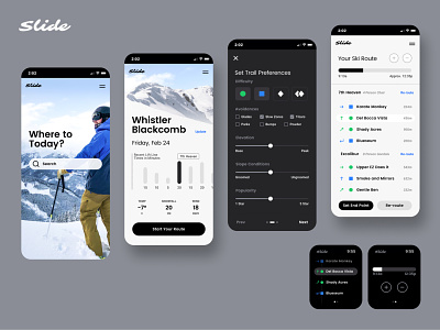 Slide Ski and Snowboard App app app design guide mountains routes ski skiing slide snowboard snowboarding trails watch