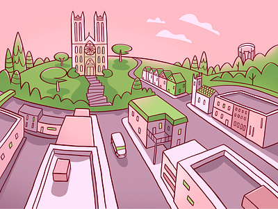 My Town canada church city colour design guelph illustration streets sunset town trees
