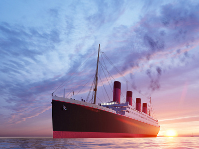 Titanic at sea under beautiful sunset sky, 3d rendered