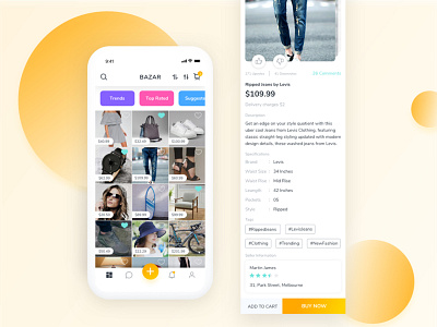 Bazar (Online shopping & social connect) app gradient iosapp onlineshopping selling shopping social connect socialmedia ui uidesign ux uxdesign yellow