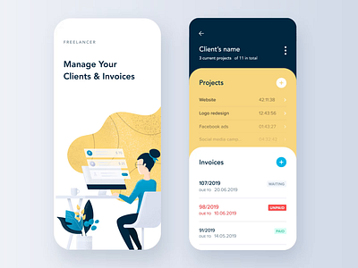 App for freelancers animation app cards design illustration invoices onboarding projects reminder sdh ui ux