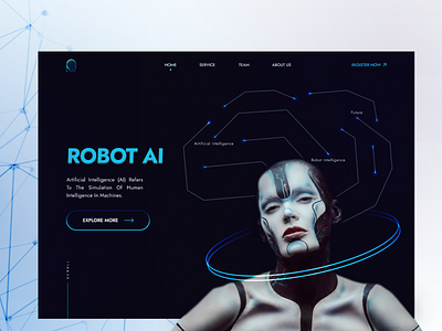 Artificial intelligence (AI) Technology Landing Page Header ai app artificial intelligence artificial intelligence website best ui branding concept deep learning design future illustration landing logo machine learning mechanics modern player robot robotics website design