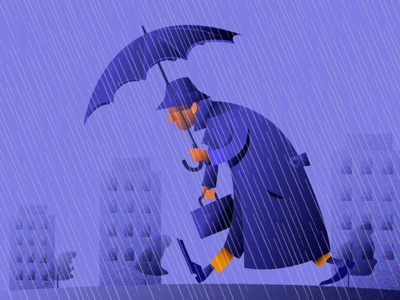 On the way to work blue character . design illustration rain ui umbrella vector work