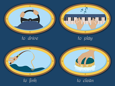 Verbs for a Kids Game 03 clea drive fish game illustration kids play tablet game verbs
