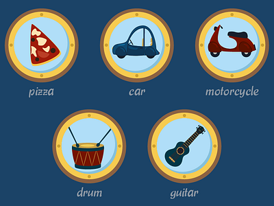 Objects for a Kids Game car drum game guitar illustration kids motorcycle objects pizza tablet game