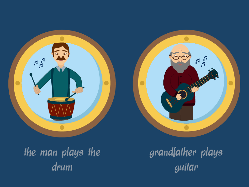Sentences for a Kids Game 3 drum guitar playing music tablet game sentence kids illustration game