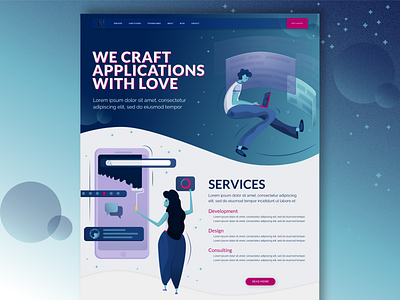 Home Page with illustrations blue charachter design designer developer gradient illustration services software house typography ui ux vector website