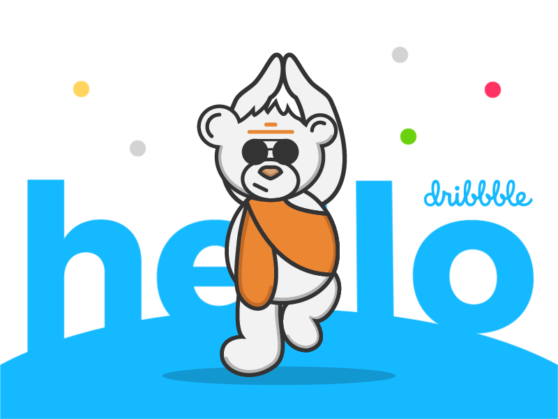 Hello Dribbble! animation bear character debut gif hello india motion motion design nirvana saint sticker