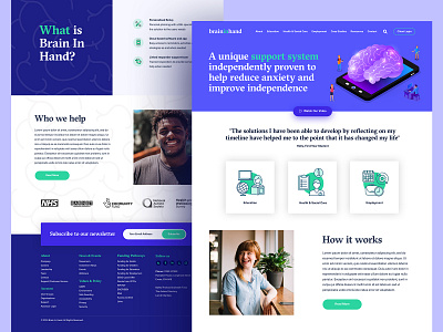Website Mockup app brain care work e learning education employment footer green health help homepage illustraion mobile purple social support ui