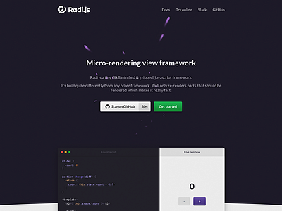 Radi homepage code editor flythrough framework homepage javascript js radi space stars