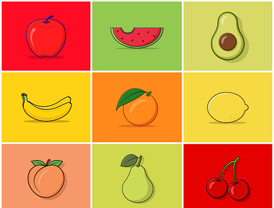Fruits Illustration apple avocado banana cartoon cherry design flat fruits icon illustration lemon logo orange peach pear watermelon