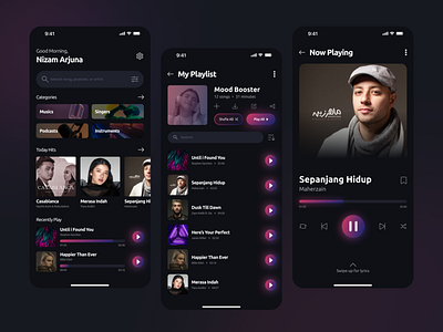 Music Listener App apps dark darkmode gradient graphic design mobile mobile app mobile apps music music listener neon podcast sound ui