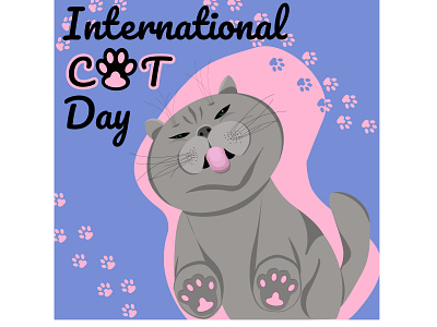 International Cat Day Illustration blue branding cat catday design graphic design greycat illustration internationalcatday logo pawprints pink ui ux vector