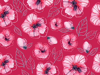 Watercolor pink sakura flowers on burgundy background abstract seamless pattern abstract watercolor spots almond blossom amarant color branding burgundy wallpaper carmine design digital paper fabric design illustration spring flowers
