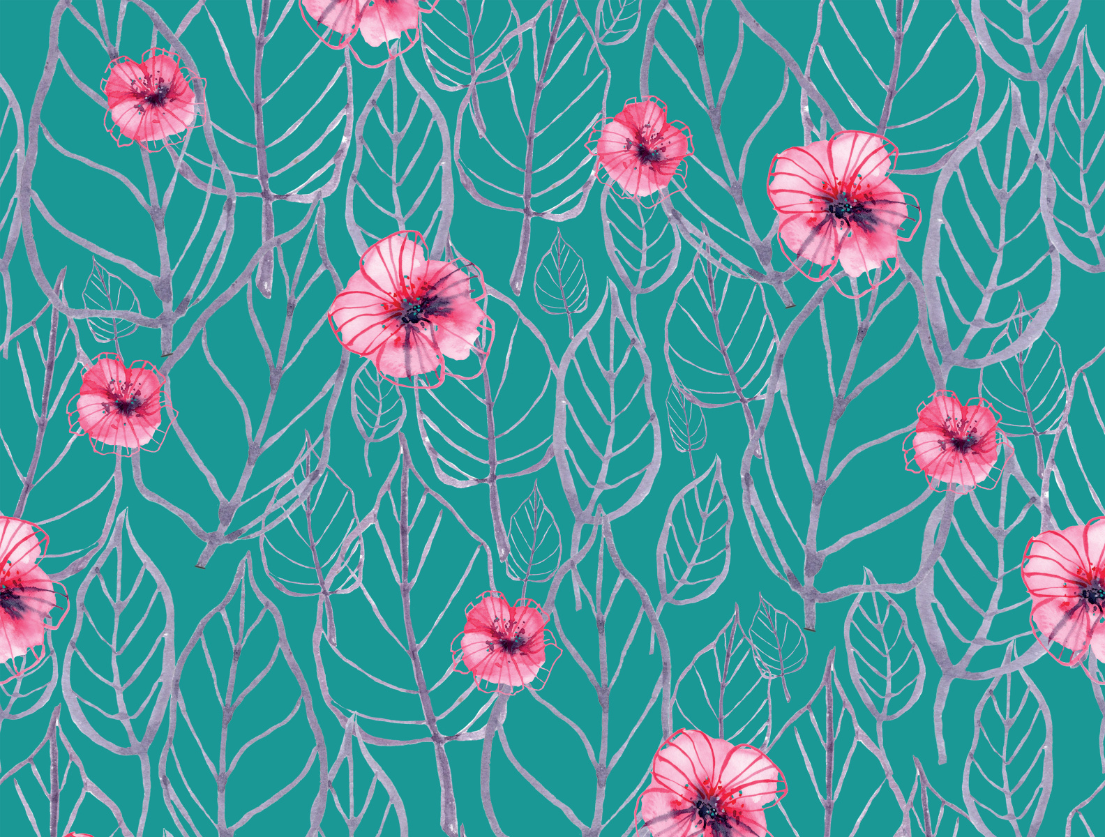 Emerald Green and pink sakura seamless pattern by Volha Belevets on