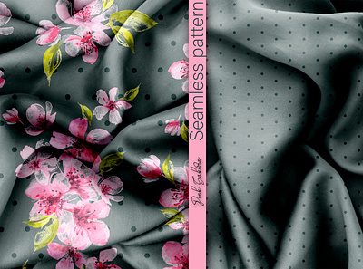 Watercolor Pink Sakura on bojo gray polka dot background abstract seamless pattern design digital paper fabric design illustration interior wallpaper pink on gray polka dot fabric silk textile spring wallpaper watercolor flowers
