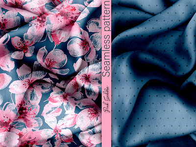 Pink sakura on navy blue polka dot seamless pattern