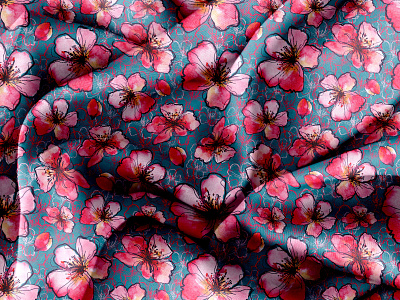 Red cherry blossom on blue. Seamless pattern abstract seamless pattern design fa fabric design illustration red on blue fabric red on blue wallpaper textile design viva magenta