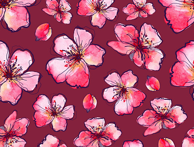 Pink Flowers on burgundy background burgundy digital paper burgundy wallpaper digital paper viva magenta background watercolor flowers wallpaper wrapping papper