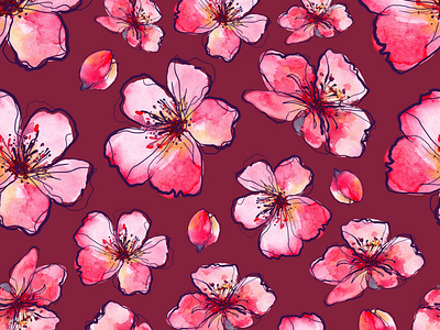 Pink Flowers on burgundy background burgundy digital paper burgundy wallpaper digital paper viva magenta background watercolor flowers wallpaper wrapping papper