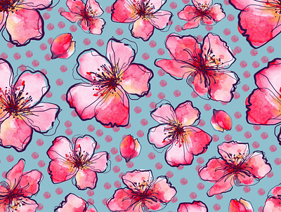 Cherry blossom on pink polka dot blue wallpaper blue wrapping paper pattern design pink blue wallpaper pink on blue pink polka dot seamless pattern textile design