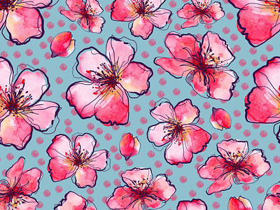 Cherry blossom on pink polka dot blue wallpaper blue wrapping paper pattern design pink blue wallpaper pink on blue pink polka dot seamless pattern textile design