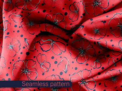 Navi blue flowers on red. Seamless pattern
