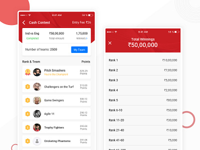 Fantasy cricket leaderboard Screen app cricket interface ios leaderboard listing price ui ux winner