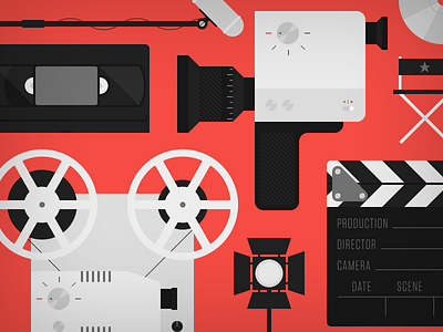 Filmmaking boom mic cameo camera clapboard directors chair dvd icon illustration projector spotlight vhs cassette video