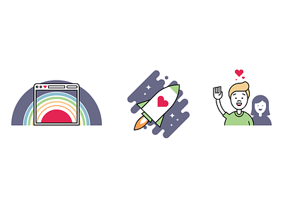 Illustrations browser launch love mission people rainbow rocket space stars supporters website