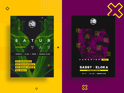 SATUR-YAY & GANGSTER Paradise abstract club dj event modern party posters purple yellow